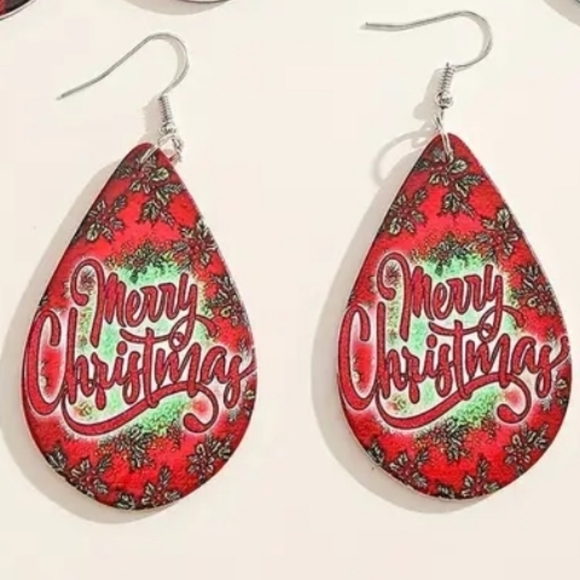 Whimsical Merry Christmas Teardrop Wooden Drop Dangle Earrings - Picture 2 of 5